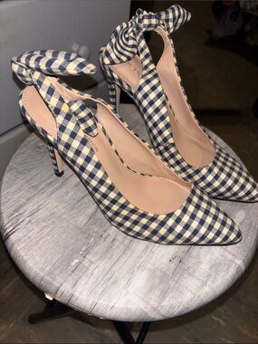 BCBGeneration Navy and White Gingham Bow Ankle-Tie Pointed Heels